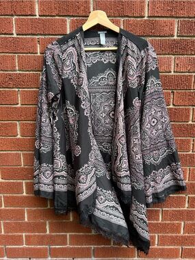 Charlotte Russe Paisley Lace Trim Kimono Cardigan | Boho Open Front Wrap | Sz M